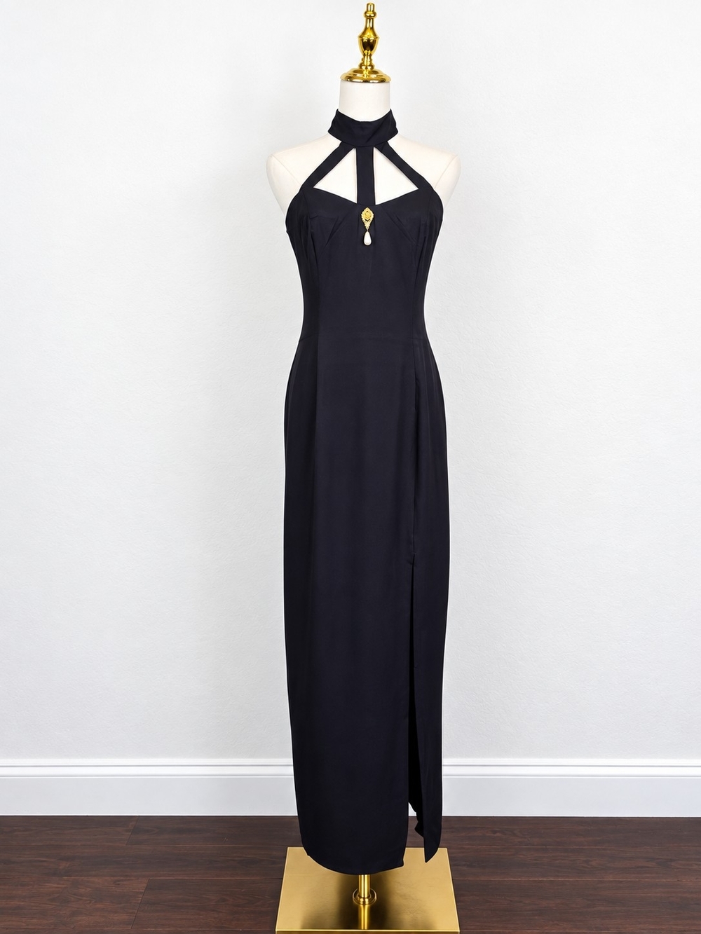 Vintage Jessica McClintock Gunne Sax Y2K Black Halter Maxi Gown Brooch Small 7/8